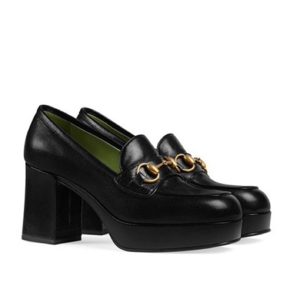 NIB Gucci Black Horsebit Detailed Leather
Platform Mules/Slides 37.5